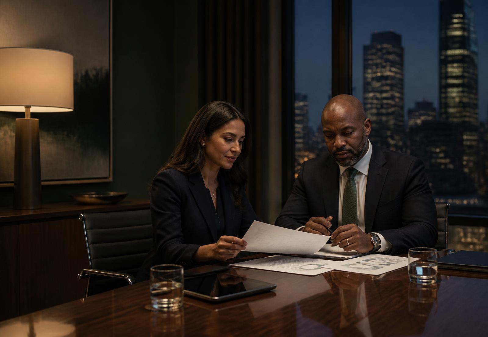 Professionals reviewing financial reports in a modern office